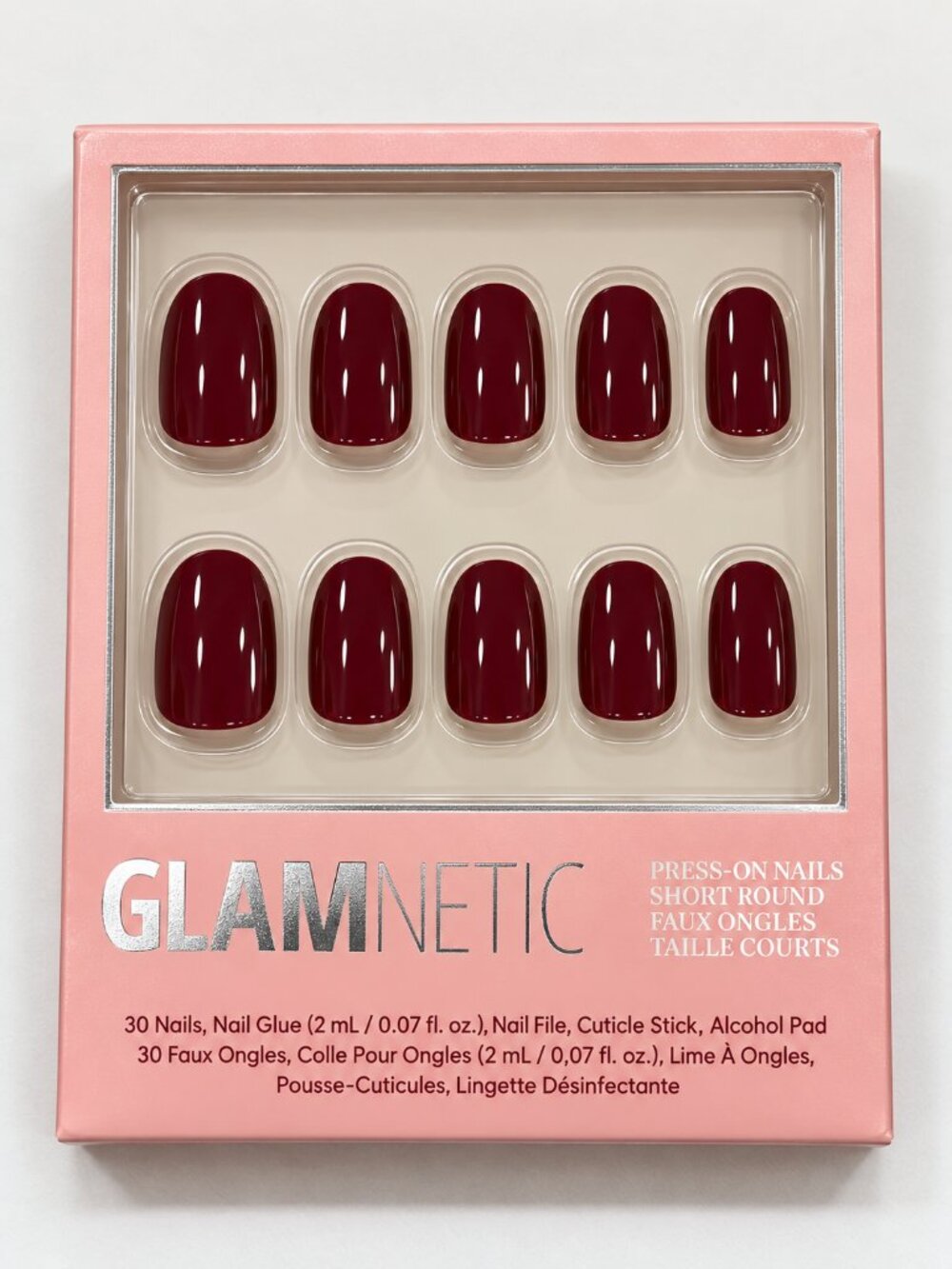 Glamnetic Burgundy Press On Nails Short Round Glossy Dark Red Manicure